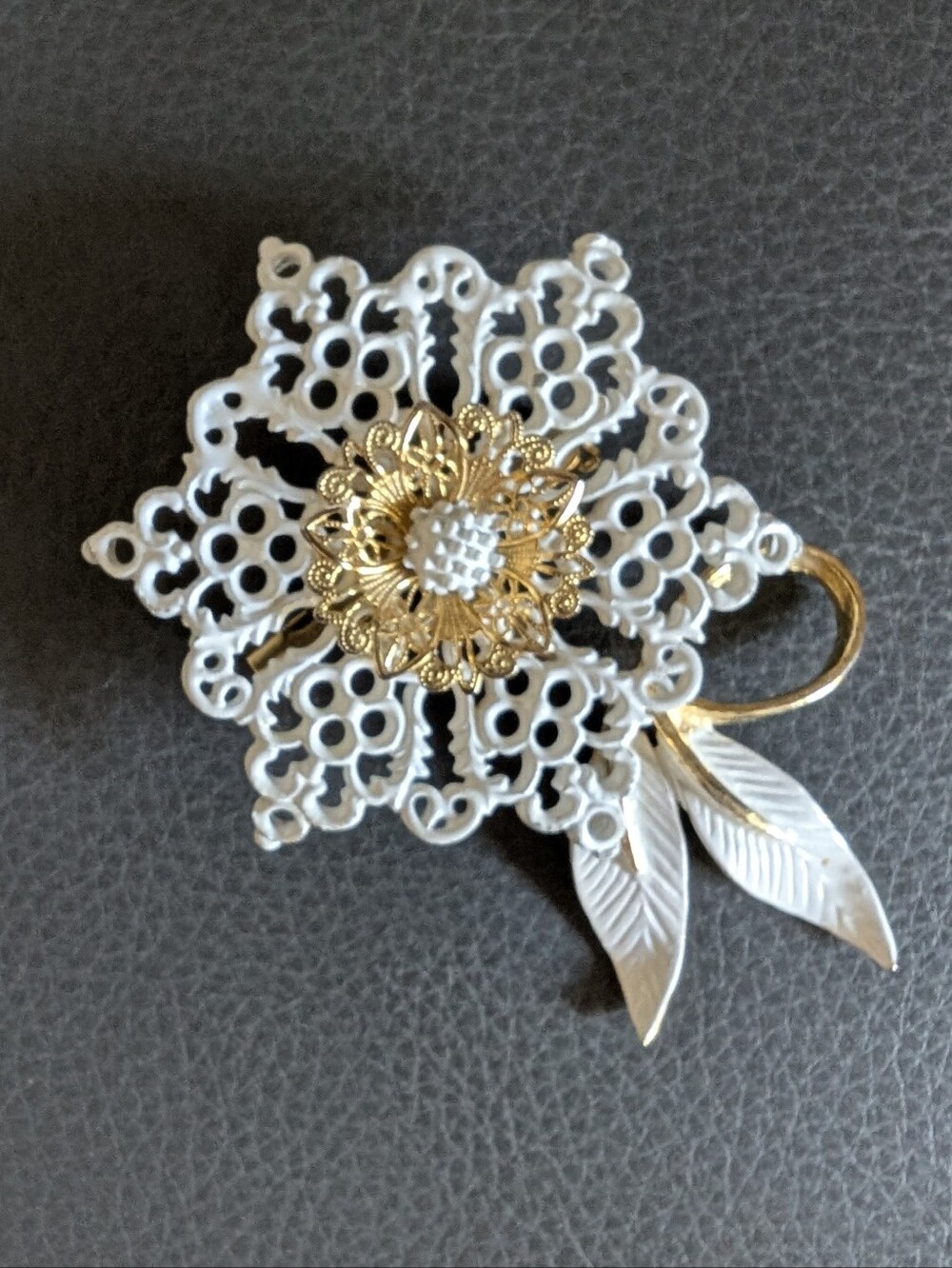 Vintage 1960's 70's Gold Plated and White Enamel Floral Ornate Filigree Brooch